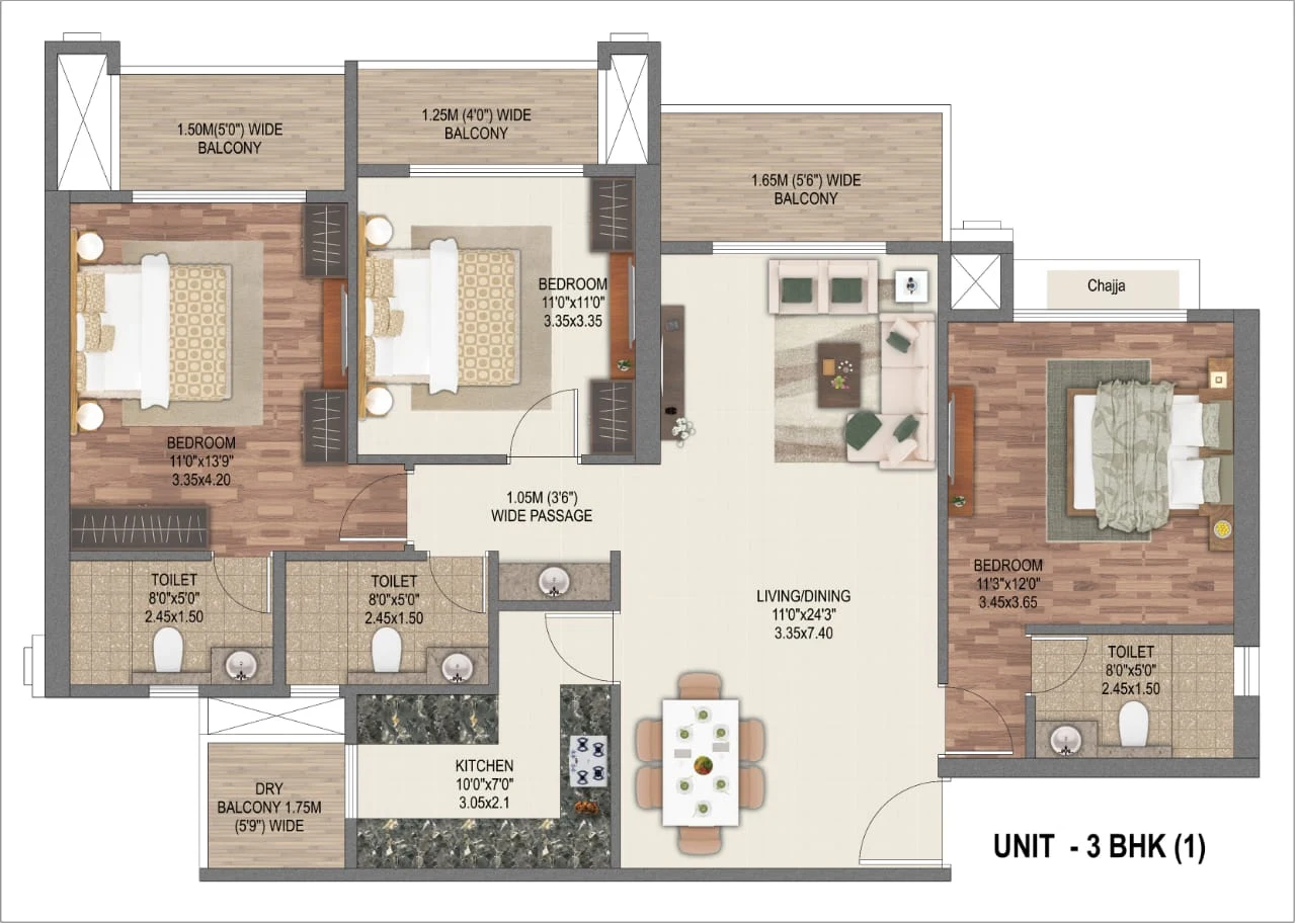 3 BHK floor plan at Sai World Dreams, Dombivli East