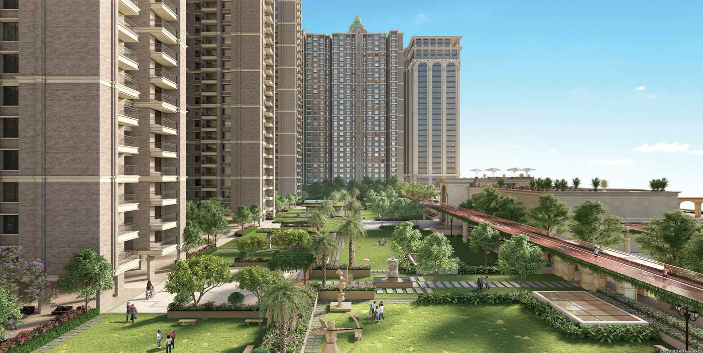 Landscaped podium gardens between the towers at Sai World Dreams, Dombivli East