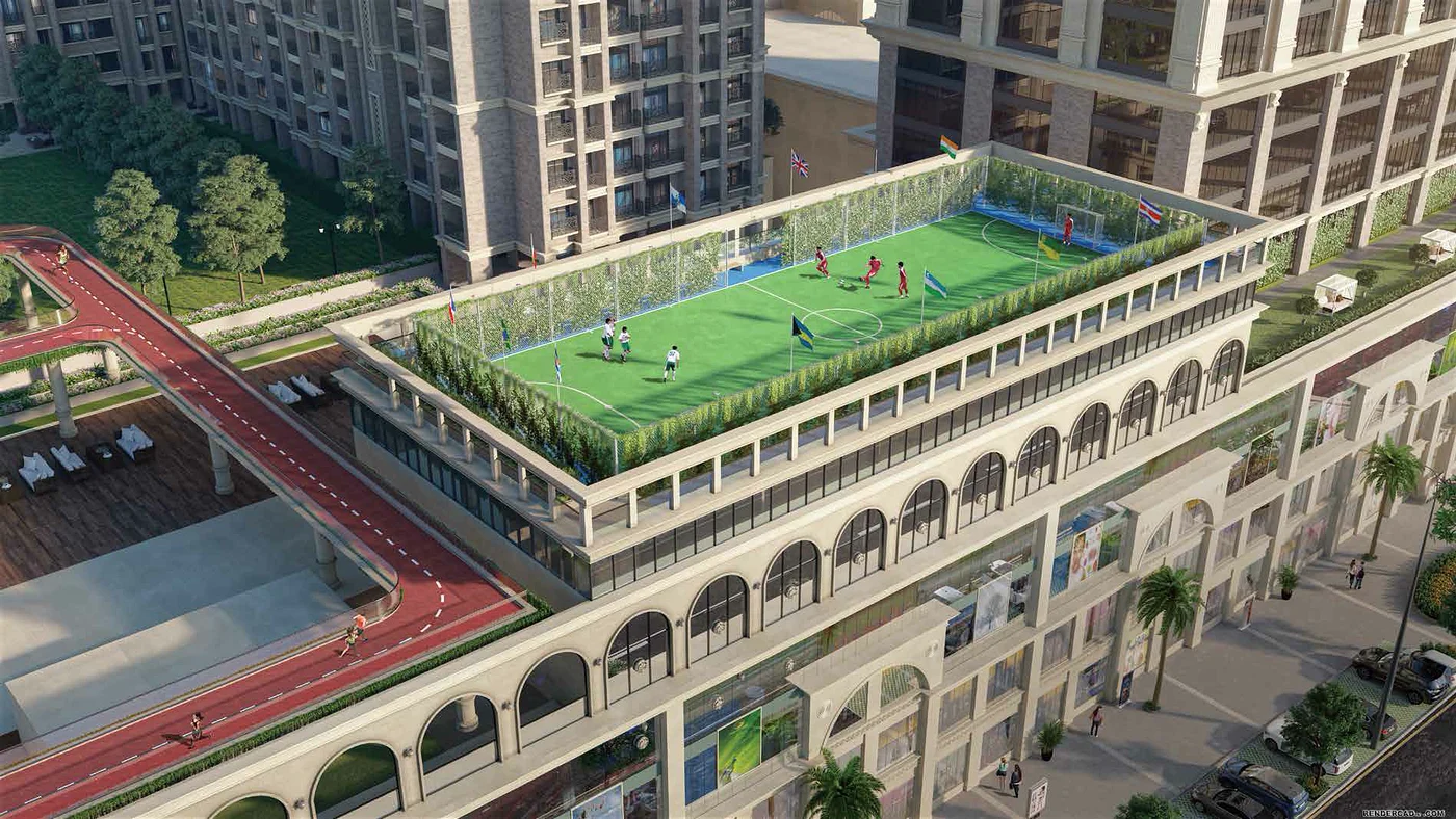 Rooftop futsal court with flood lights