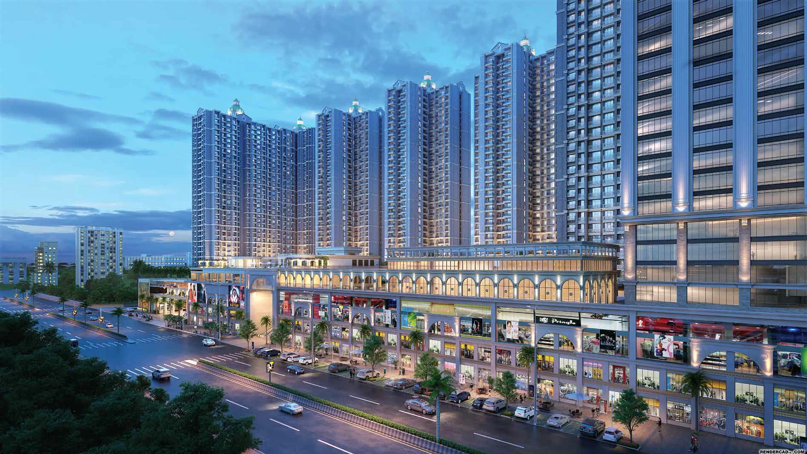 Sai World Dreams towers over the lit high-street at dusk