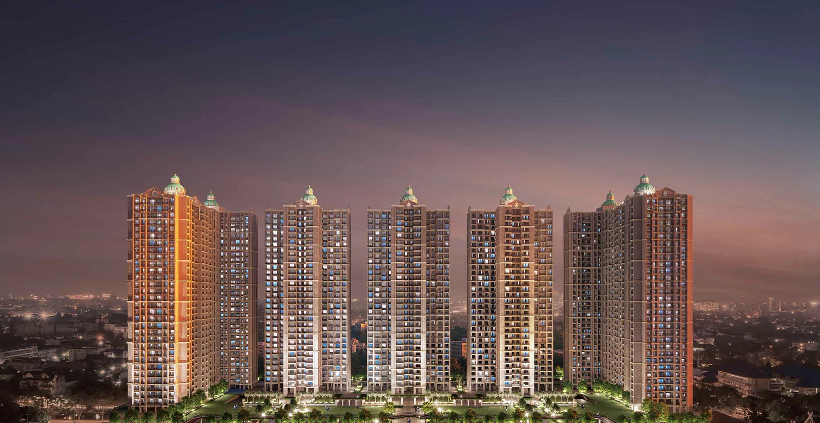 Night elevation of the eight towers at Sai World Dreams